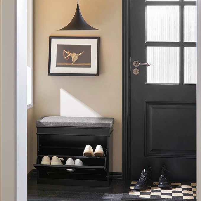 Haotian Black Hallway Shoe Bench, Narrow Shoe Rack Entryway, Small Shoe Cabinet with Flip-Drawer and Seat Cushion, FSR82-K-SCH-NeatNest