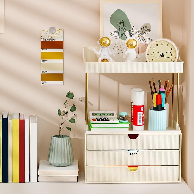 3 Drawers Bathroom Counter Organizer - 5 Tier Makeup Organizer, Versatile Perfume Organizer, Ideal for Bathroom Storage, Vanity, Large Skincare, Perfume, Present, Cream White-NeatNest