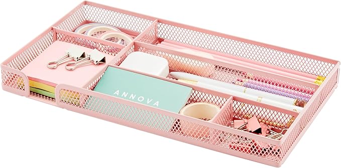 Annova Desk Drawer Organizer Tray for Office Organization - Metal Mesh - Storage Tray with Dividers for Pens, Desktop Accessories, Bathroom, Kitchen, Makeup and Office Supplies (Small, Light Pink)-NeatNest