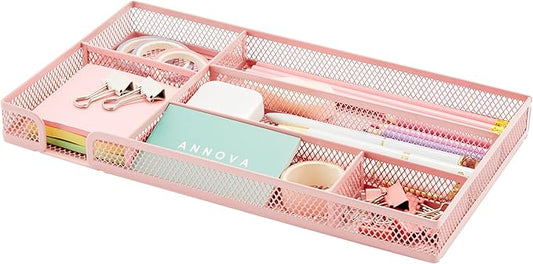 Annova Desk Drawer Organizer Tray for Office Organization - Metal Mesh - Storage Tray with Dividers for Pens, Desktop Accessories, Bathroom, Kitchen, Makeup and Office Supplies (Small, Light Pink)-NeatNest