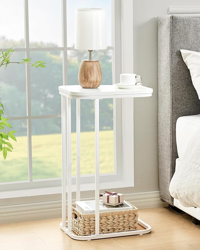 C Shaped End Table, 27 Inches High Small Side Table for Sofa and Bed, Couch Table That Slides Under, Tall Tv Tray Table for Living Room, Bedroom, Metal Frame, Snow White