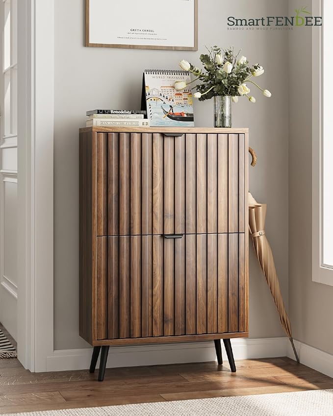 Fluted Shoe Storage for Entryway, Walnut Hidden Cabinet With Metal Legs, Organizer With Flip Doors, Slim Entryway Storage