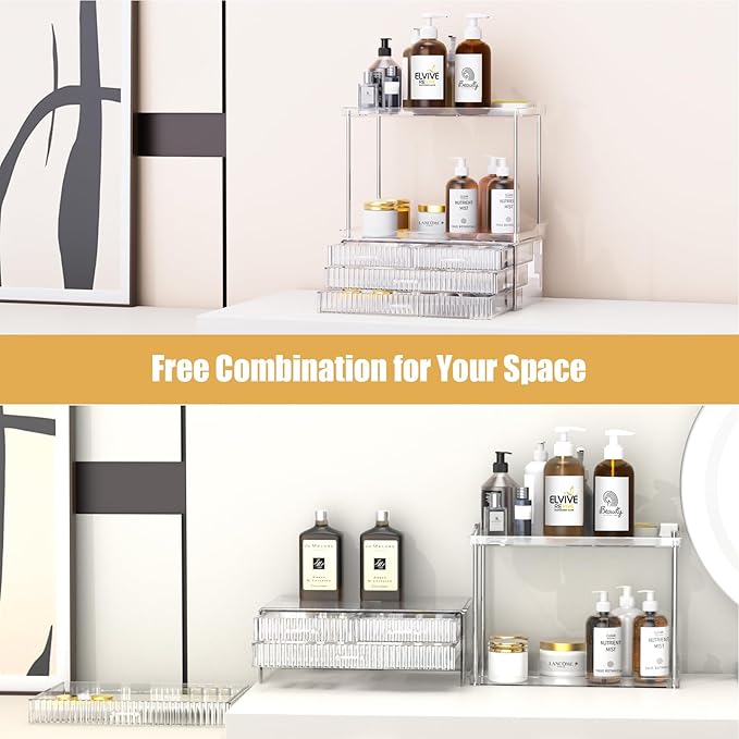 Acina 2-Tier Bathroom Organizer Countertop: Multi-Purpose Makeup Organizer - Large Skincare Exquisite Vanity Organizer for Cosmetics, Perfume Amber Clear-NeatNest