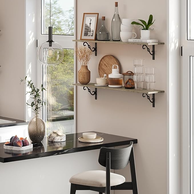DINZI LVJ Long Wall Shelves, 23.6 Inch Large Floating Shelves Set of 2, Wide Display Shelf Wall Mounted with Brackets, Easy Hanging for Living Room, Toilet, Office, Bedroom, Gray Wash-NeatNest
