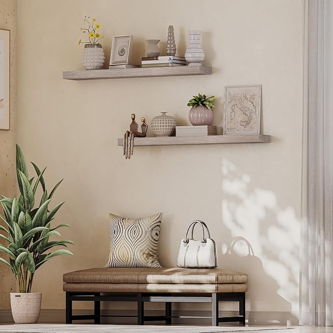 HOOBRO Floating Shelves for Wall, Wall Mounted Shelf Set of 2, 47.2" Hanging Shelf with Invisible Brackets, for Wall in Bathroom, Bedroom, Toilet, Kitchen, Living Room, Office, Greige BG120BJP201-NeatNest