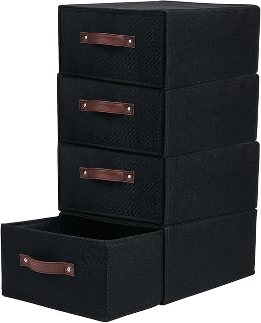 4PCS Closet Drawer Organizer Stackable Fabric Storage Boxes Bins Baskets with Lid PU Leather Handles Foldable Washable Cotton Linen Wardrobe Shelf Cloth Towels Container (Black, Large)-NeatNest