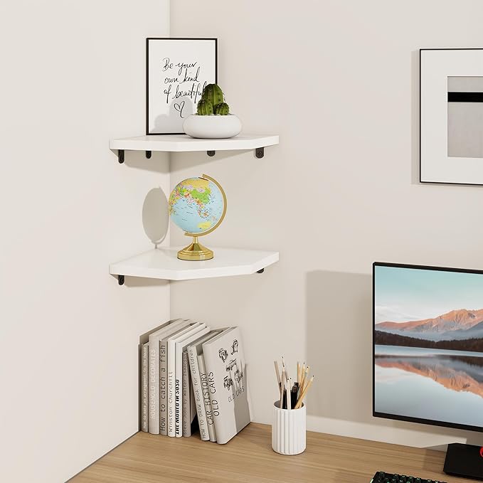 Fun Memories Corner Shelf Wall Mount, Solid Oak Wood Floating Corner Shelves with Cable Hole, 8.5in Rustic Design for Bedroom, Bathroom, Kitchen, Living Room (White, 1 Pack)-NeatNest