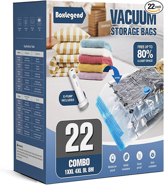 BoxLegend Vacuum Storage Bags with Electric Pump 22 Combo (1X-Jumbo, 4 Jumbo, 9 Large, 8 Medium) Thickened Vacuum Seal Bags for Clothing Space Saving for Coat Quilt Blanket Pillow Comforters-NeatNest