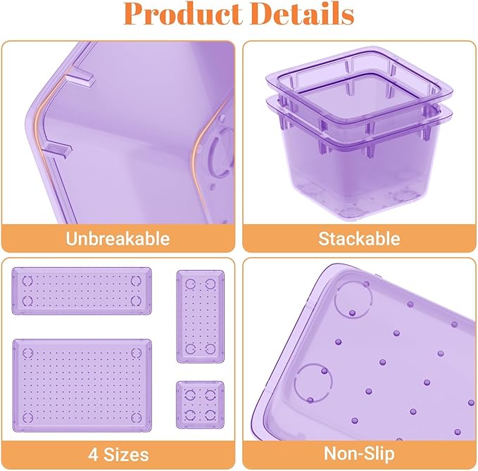 15 PCS Clear Plastic Drawer Organizer Set, 4-Size Acrylic Drawer Storage Trays, Storage Bins for Makeup, Gadgets, and Jewelry in Bathroom, Bedroom and Office, Clear Purple-NeatNest
