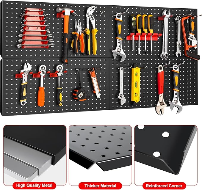 4Pcs Metal Pegboard Panels for Wall，Peg Boards for Garage Tools Pegboard Storage Organizer for Workbench, Shop，Bathroom，Office and Gaming Setup With Customizable Hanging Solutions (Black, 24" x 12")