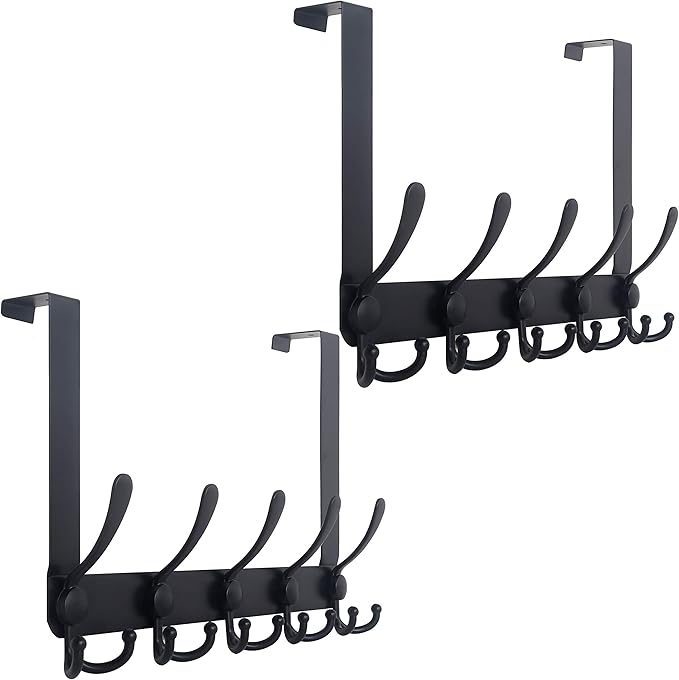 WEBI Over The Door Hook Door Hanger Hook Rack with 5 Tri Hooks for Hanging Coats, Door Towel Rack Door Coat Hanger Over Door Coat Rack for Behind Back of Bathroom,Black,2 Packs