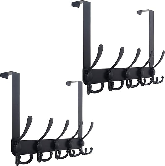 WEBI Over The Door Hook Door Hanger Hook Rack with 5 Tri Hooks for Hanging Coats, Door Towel Rack Door Coat Hanger Over Door Coat Rack for Behind Back of Bathroom,Black,2 Packs