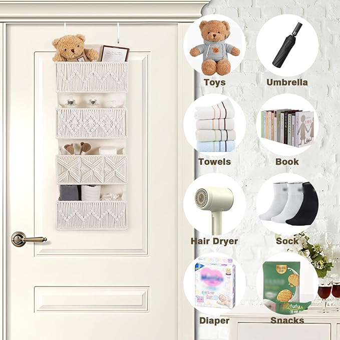 ANTIS'S HOME Nursery Over The Door Organizer Boho Decor Nursery Storage with 4 Large Woven Pockets, Macrame Nursery Organizers and Toys Storage, Behind Door for Bathroom, Bedroom-NeatNest