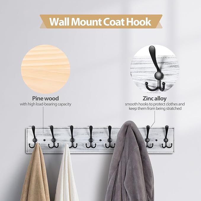 Coat Rack Wall Mount, Wooden Heavy Duty Coat Rack for Wall,8 Triple Coat Hanger Hooks for Hanging Coats,Jacket,Hat,Clothes (Grey White, 8 Hooks)-NeatNest