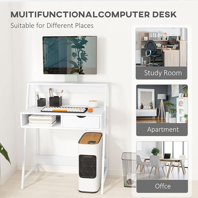 HOMCOM Home Office Desk, Computer Desk with A Frame for Small Spaces, Writing Table with Drawer and Storage Shelves, White-NeatNest