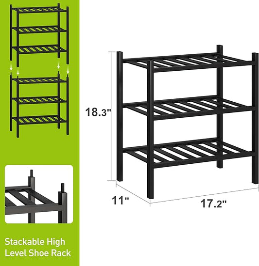 BMOSU 3-Tier Bamboo Small Shoe Rack Premium Stackable Shoe Shelf Storage Organizer for Hallway Closet Living Room Entryway Organizer (Black Bamboo)-NeatNest