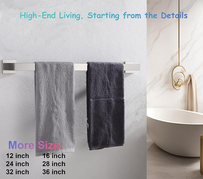 24 Inch Towel Bar for Bathroom 12/16/24/28/32/36 Inch Kitchen Towel Holder Brushed Nickel Towel Rod Wall Mounted SUS304 Rustproof Towel Rack Modern Square Design (1, Brushed Nickel, 24 Inch)