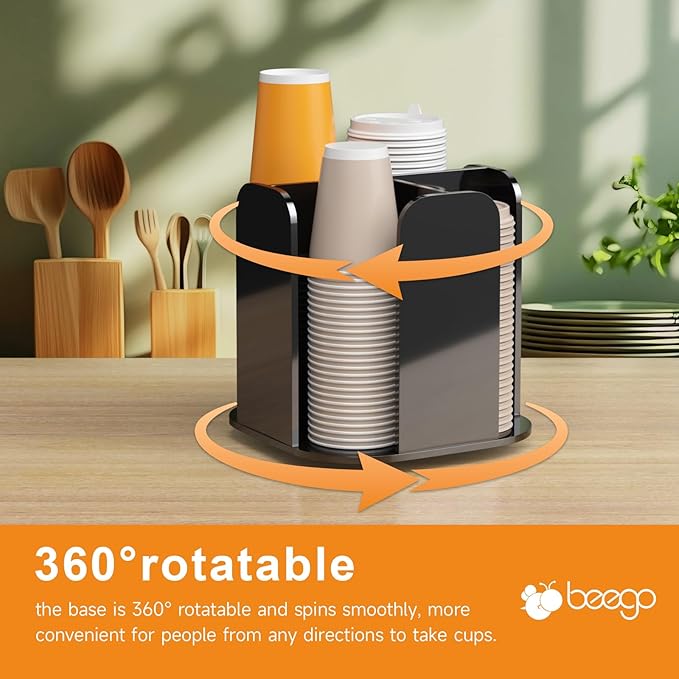 Beego Coffee Cup Holder Organizer - Rotatable 4 Compartments Black Acrylic Cup Dispenser Station With Lid Carousel - Countertop Plastic Cup Holder for Restaurant Breakroom Bar Accessories-NeatNest