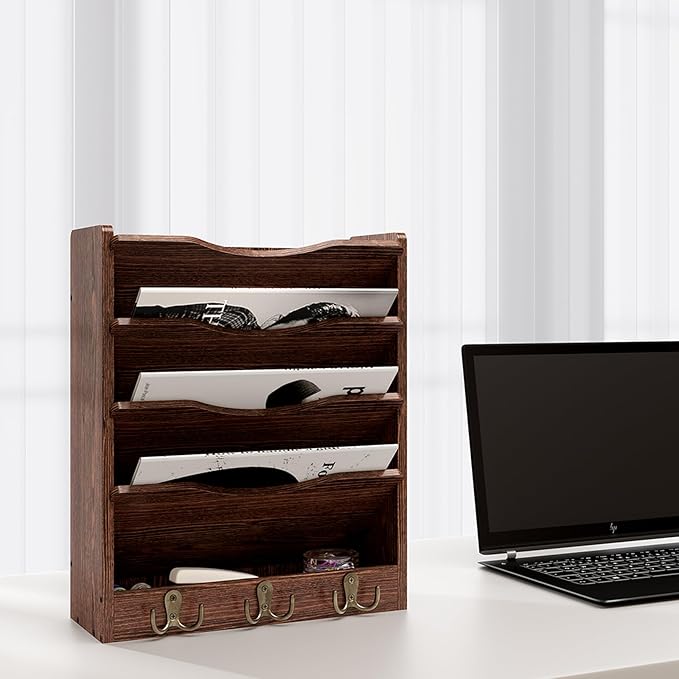 5 Tier Hanging Wall File Holders Letter Size Wall File Organizer Wood Mail Organizer with 6 Hooks, Brown