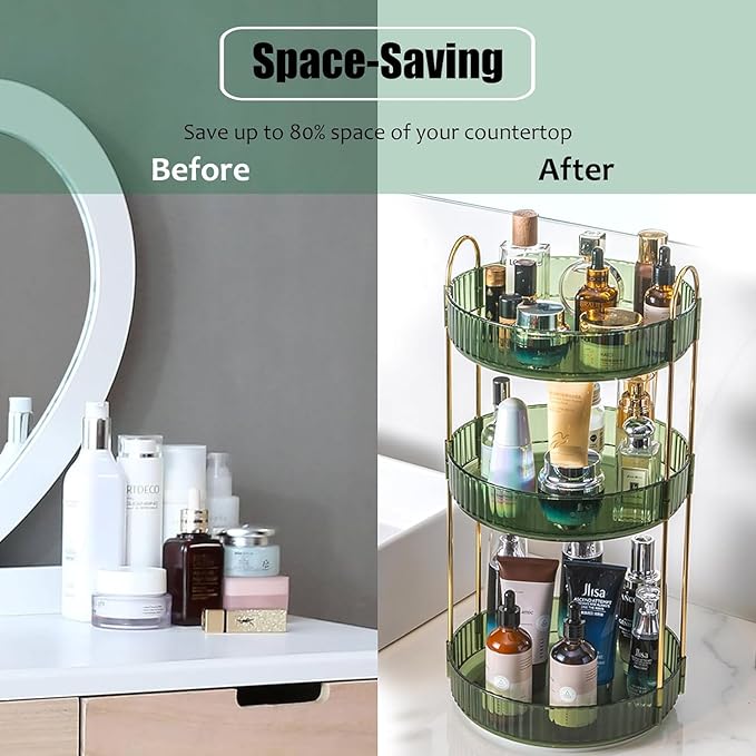 Rotating Makeup Organizer Countertop 3 Tier Lazy Susan Trays Clear Skincare Perfume Storage for Bathroom Counter Vanity, Green Gold-NeatNest