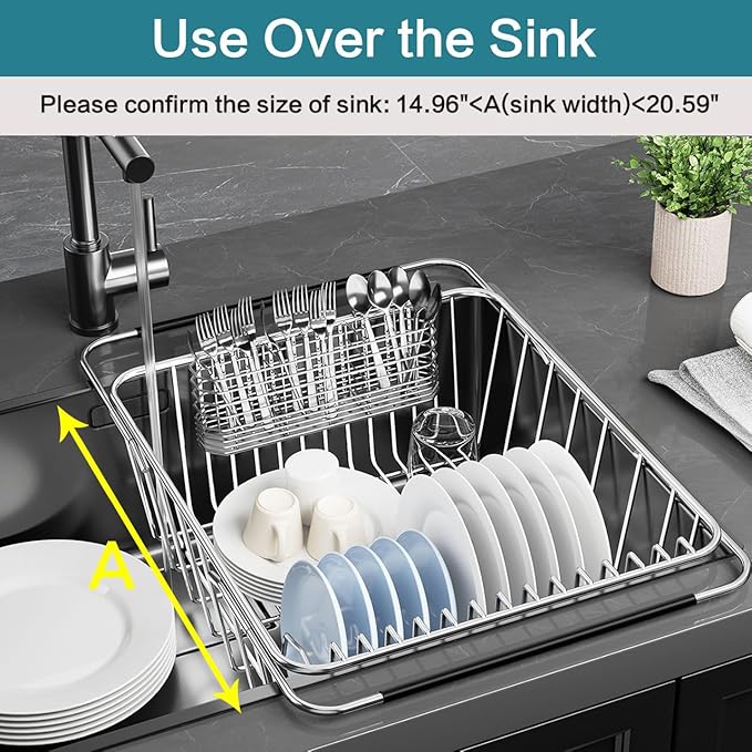 Large Dish Drying Rack in Sink Expandable, Adjustable304 Stainless Steel Metal Dish DrainerRack Organizer with Stainless Steel Utensil Holder Over Inside Sink Counter, Rustproof