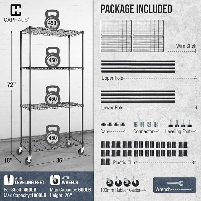 CAPHAUS NSF Commercial Grade Heavy Duty Wire Shelving w/Wheels, Leveling Feet & Liners, Storage Metal Shelf, Garage Shelving Storage, Utility Wire Rack Storage Shelves, 36 x 18 x 76 4-Tier No Liner-NeatNest