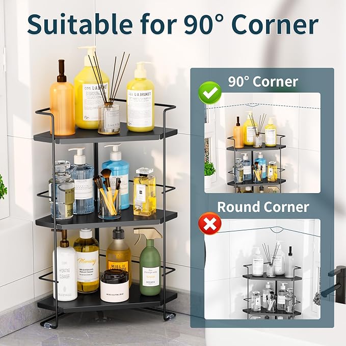 3-Tier Bathroom Organizer, Bathroom Counter Organizer, Bathroom Organizers and Storage for Bathroom, Kitchen Counter, Corner Storage Shelf for Bedroom Storage Makeup Skincare Perfume (Black)