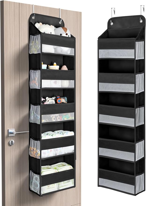 Yecaye 1 Pc Over the Door Organizer with 5 Bins 10 Side Pockets, 44lbs Load Hanging Bathroom and Bedroom Organizer, behind the Door Hanging Organizers for Nursery Newborn Baby Essential Stuff Black-NeatNest