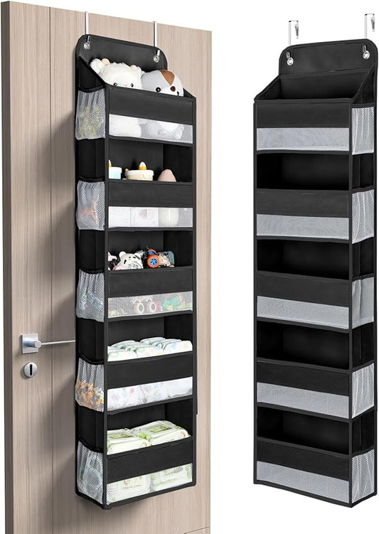 Yecaye 1 Pc Over the Door Organizer with 5 Bins 10 Side Pockets, 44lbs Load Hanging Bathroom and Bedroom Organizer, behind the Door Hanging Organizers for Nursery Newborn Baby Essential Stuff Black-NeatNest
