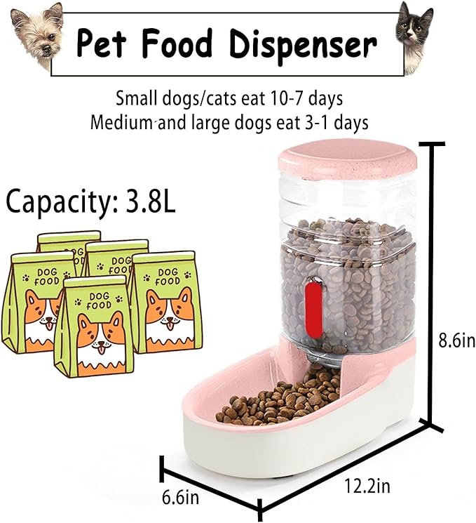 kathson Automatic Cat Feeder 1 Gallon Gravity Dog Food Dispenser Large Capacity Self Feeding Pet Food Bowl for Puppy Kitten Rabbit Pink-NeatNest