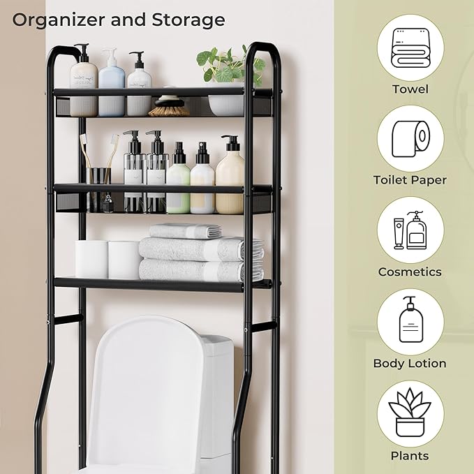 3 Tier Over The Toilet Storage Shelf, Freestanding Over The Toilet Rack, Space Saver Metal Bathroom Organizers and Storage for Small Space, Above The Toilet Storage Shelf Stand Organizer