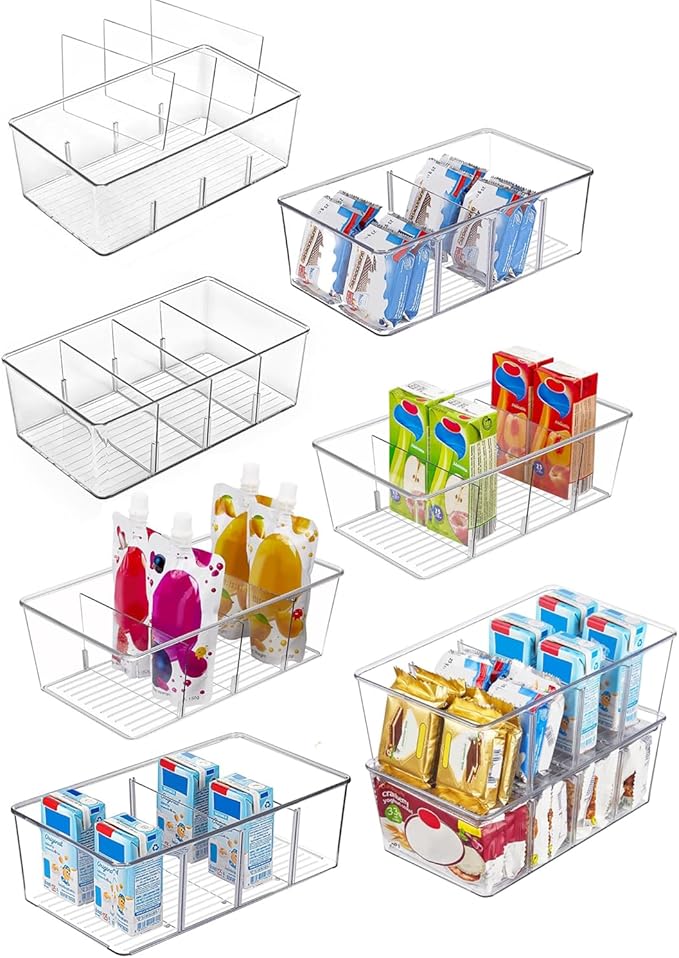 8 Pack Refrigerator Organizers and Storage,Clear Plastic Storage Bins with 3 Dividers for Pantry,Kitchen,Fridge Organization and Storage,Snack Containers for Spice Packets,Tea bag organizer-NeatNest