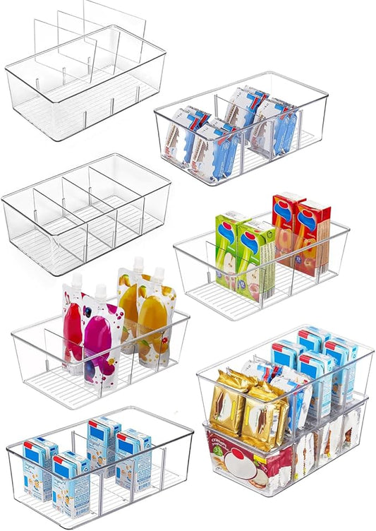 8 Pack Refrigerator Organizers and Storage,Clear Plastic Storage Bins with 3 Dividers for Pantry,Kitchen,Fridge Organization and Storage,Snack Containers for Spice Packets,Tea bag organizer-NeatNest