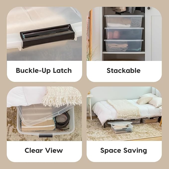 IRIS USA 33 Qt Plastic Under Bed Storage Organizer Bin Container with Secure Lids and Durable Black Buckles, 3-Pack, Multi-Purpose for Clothes Shoes Clothing Bedding, Short, Clear-NeatNest