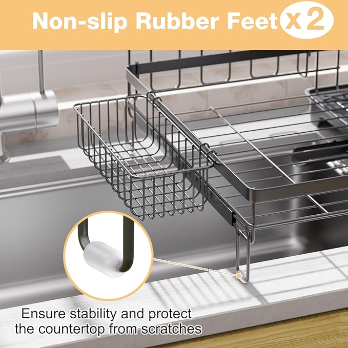 Dish Drying Rack Extendable Dish Rack Rustproof Carbon Steel with Drainboard & Cutlery Holder – Extra Large Capacity Dish Drainer Countertop Dish Strainer for Kitchen Utensils, Plates, Spoons & Forks