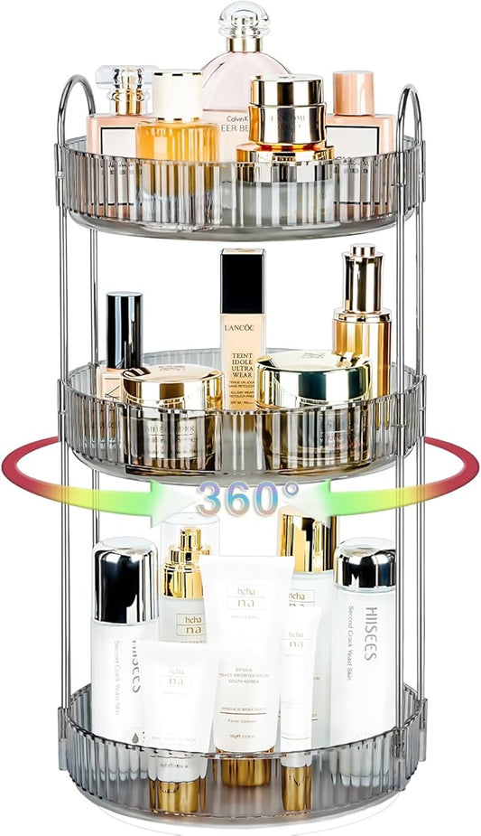 360 Rotating Makeup Organizer, 3 Tier Lazy Susan Bathroom Organizer, Easy to Install, Ideal Storage for Perfume, Skincare, Cosmetic, Dresser or Vanity Countertop (Classic Grey, 3 Tier)-NeatNest
