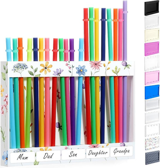 Acrylic Straw Holder for Cabinet Door with Double Sided Adhesive Tape Reusable Straw Organizer Tumbler Storage Kitchen Accessories Container for Counter Cupboard(Floral,Large,White)