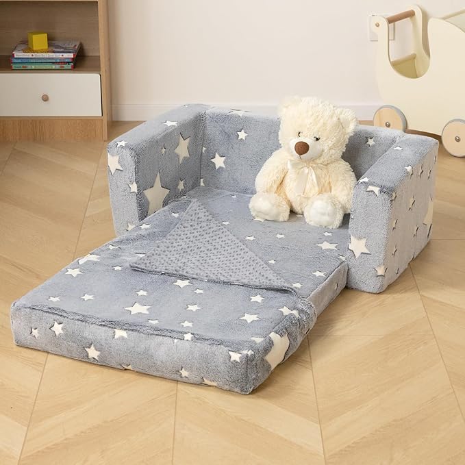 ALIMORDEN Fold Out Toddler Couch, Extra Wide Comfy 2-in-1 Cuddly Sherpa Sofa for Kids, with Removable Baby Friendly Blanket, Convertible Sofa to Bed, Star-NeatNest
