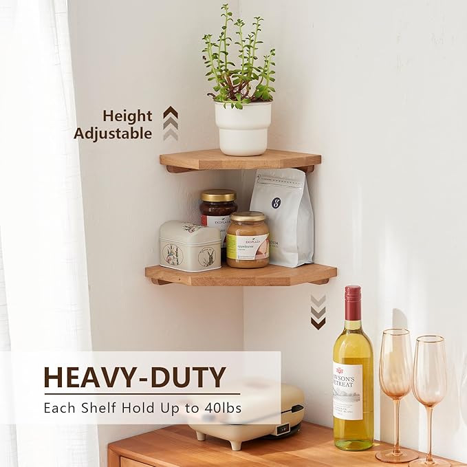 Floating Corner Shelf Solid Oak Wood Corner Wall Shelf with Wire Hole for Cable, Small Plant Display Corner Shelf Wall Mount for Bedroom Living Room Kitchen, 7 inches-NeatNest