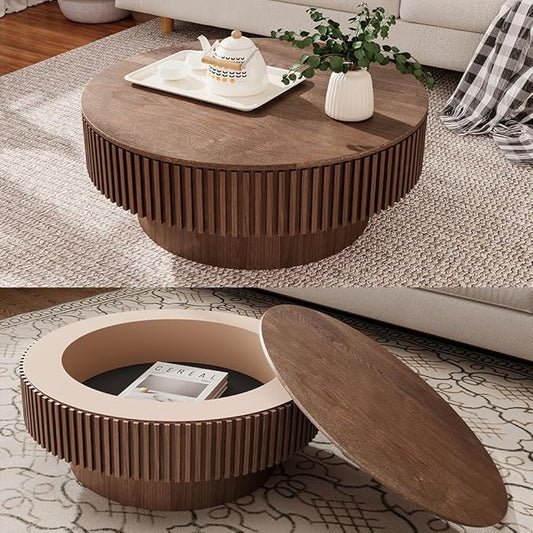 31.5'' Round Coffee Table for Living Room Circle Coffee Table with Storage Mid Century Modern Fluted Coffee Tables with Pedestal Center Tables Accent Tea Table for Apartment, Walnut