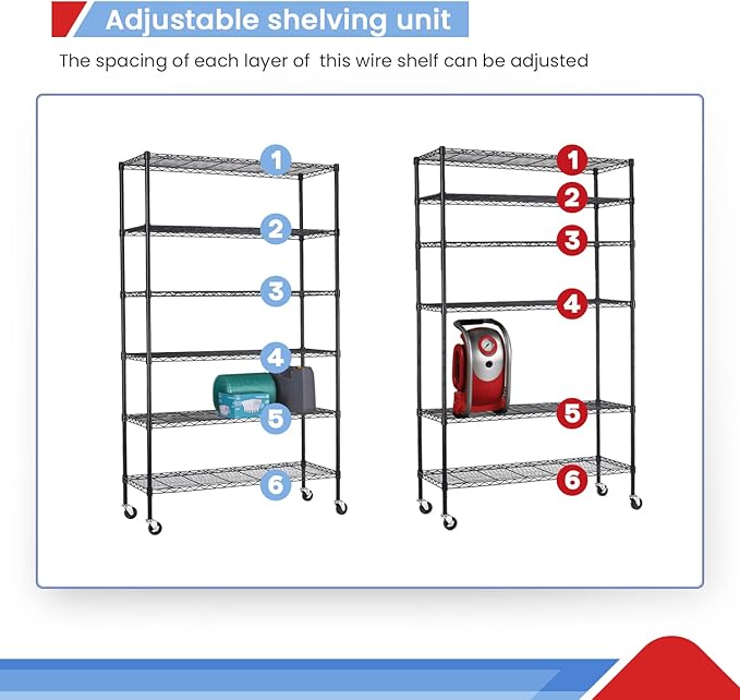 6 Tier Adjustable Metal Shelf Wire Shelving Unit Storage with Wheels 2100LBS Capacity 18" D x 48" W x 82" H for Restaurant Garage Pantry Kitchen Garage Rack,Black-NeatNest