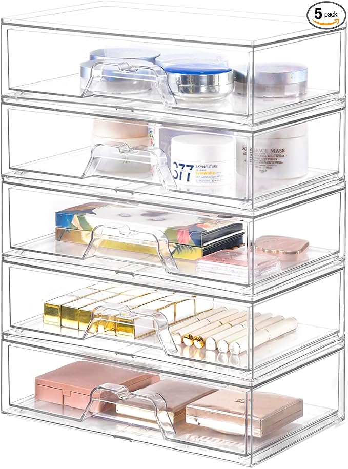 5 Pack Makeup Organizer Stackable, 12.1''L Bathroom Organizer and Storage Acrylic Undersink Drawer Organizer, Cosmetics and Beauty Supplies,Clear Plastic Storage Bins for Vanity,Pantry,Cabinet,Kitchen-NeatNest