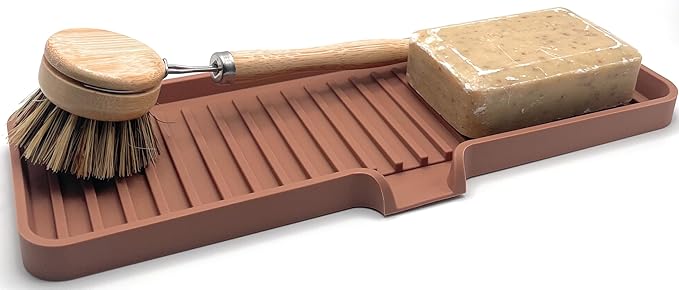 Happitasa Silicone Soap Dish Tray and Sponge Holder with Drain Chute | Bathroom and Kitchen Sink Organizer Caddy (Mocha, 12"x4", 7.4 Ounces)-NeatNest