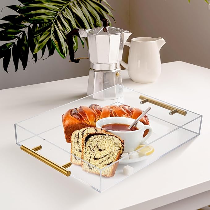 3 Pack Clear Acrylic Serving Tray with Gold Handles Serving Tray Spill Proof Acrylic Bathroom Decorative Tray Organizer for Coffee Table Countertop Appetizer Breakfast Vanity