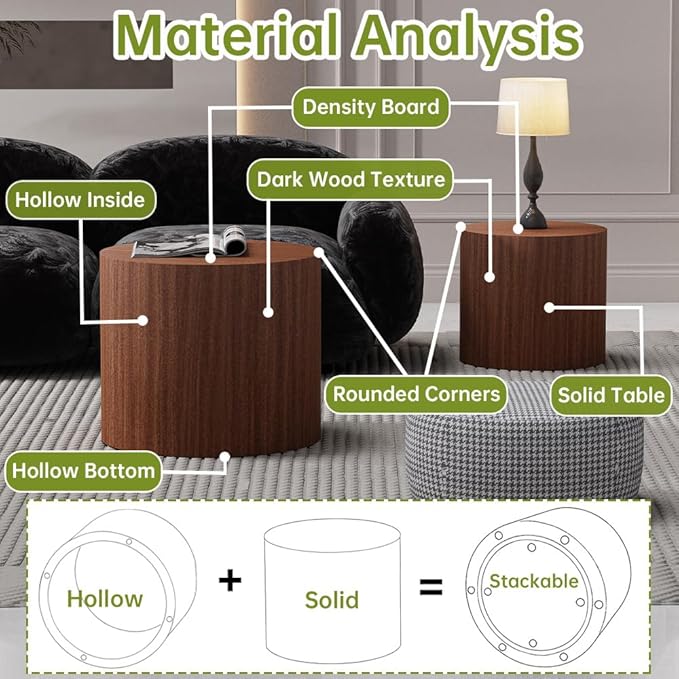 Round Nesting Coffee Table Modern Walnut Fluted Coffee Table Set of 2 Stripe Brown Round Coffee Tables Circle Drum Coffee Tables Side Table Accent End Table for Living Room (Dark Wood)