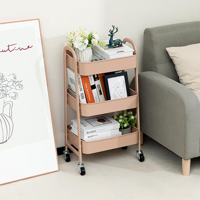 AGTEK Makeup Cart, Movable Rolling Organizer Cart, 3 Tier Metal Utility Cart with Lockable Wheels for Home & Office, Milk Tea-NeatNest