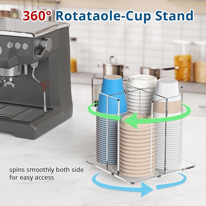 Cup and Lid Holder, 4 Compartment, Square | Rotating Coffee Cup Dispenser Lid Carousel for Restaurant, Buffet, Coffee Station, Bar, Countertop, Clear Acrylic-NeatNest