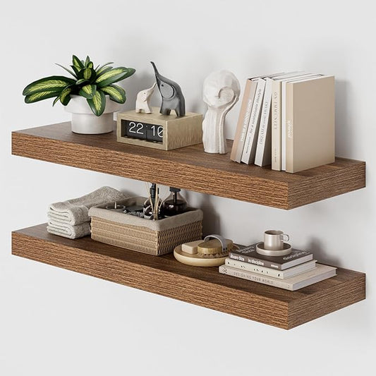Heimlove 36 Inch Long Walnut Floating Shelf for Wall, 12" Deep Floating Shelves Wall Shelves for Bedroom Living Room Bedroom,Wall Mounted Shelves for Storage Book Decor, Set of 2-NeatNest