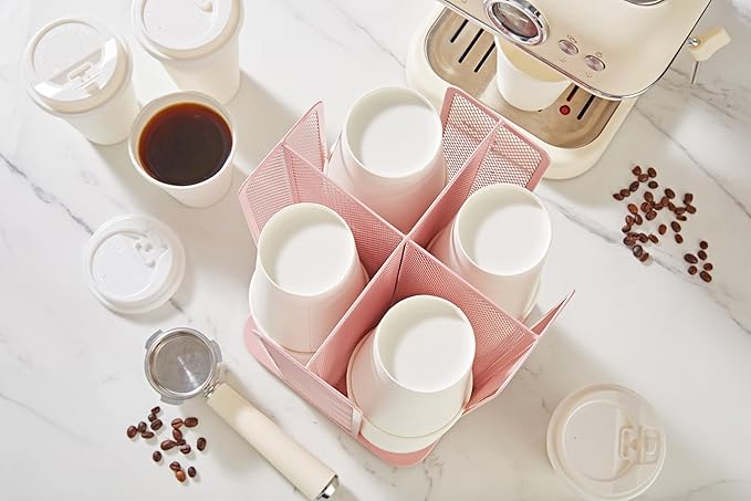 Annova Paper Mug and Lid Holder Plastic Cup Storage Organizer, 360°Rotating Coffee Mug Dispenser with 4 Compartments, Multifunctional Cup Storage Rack for Home, Office, Bar, Coffee Shop (Light Pink)-NeatNest