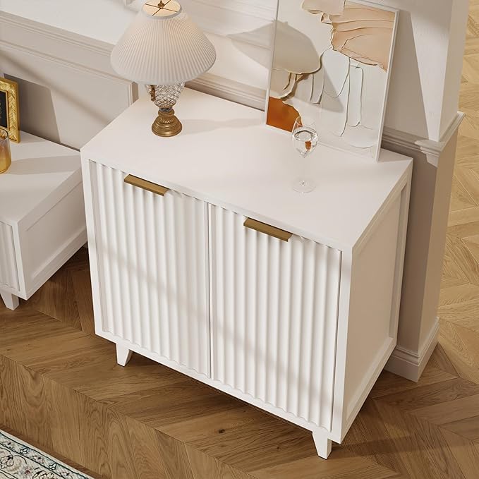 Fluted Cabinet with Storage, 2 Doors Sideboard Buffet, Mid Century Modern Accent Cabinet with Adjustable Shelves, Multifunctional Console Table with Storage for Living Room, Kitchen, Entryway